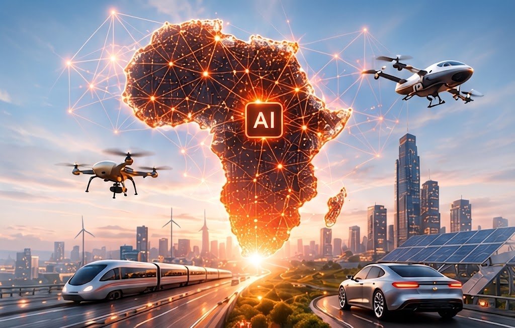 Africa digital future — AI network map with drones, EV, solar and transport